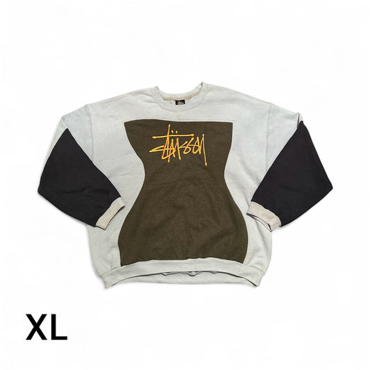 Reworked Stussy Patchwork Hoodie – Baby Blue, Green & Navy Design with Yellow Gold Embroidered Stussy Logo Size XL
