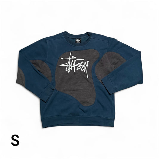Reworked Stussy Patchwork Hoodie – Dark Green & Grey Design with White Embroidered Stussy Logo Size S
