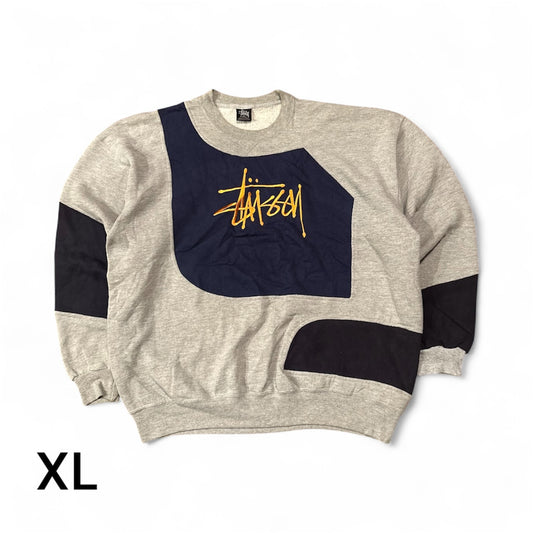 Reworked Stussy Patchwork Hoodie – Grey, Navy & Black Design with Yellow Gold Embroidered Stussy Logo Size XL