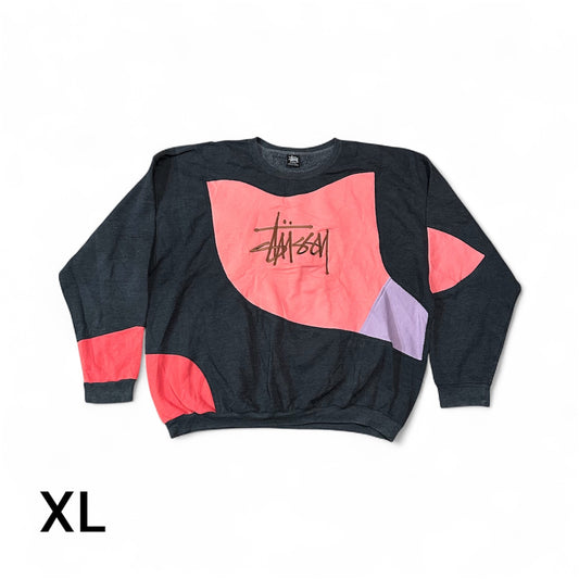 Reworked Stussy Patchwork Hoodie – Multi-Tone Grey, Red, Pink & Lilac with Brown Gold Embroidered Stussy Logo Size XL