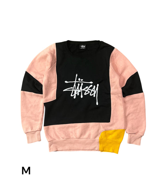 Reworked Stussy Patchwork Hoodie – Pink, Black & Yellow Design with White Embroidered Stussy Logo Size M