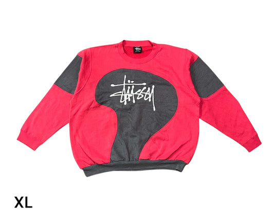 Reworked Stussy Patchwork Hoodie – Pinky Red, Grey & White Embroidered Design Size XL