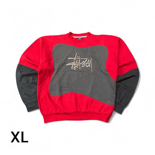 Reworked Stussy Patchwork Hoodie – Red and Grey Design with Bronze Stussy Embroidery Logo Size XL